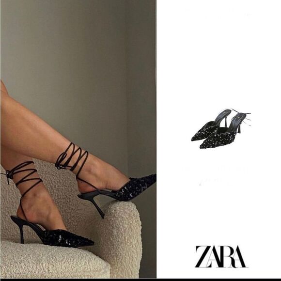 ZARA SEQUIN LACE UP HEELED SHOES - Picture 1 of 7